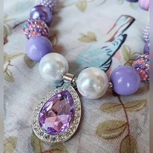 Acrylic Big Balls Purple Lavender Faux Pearls Rhinestone Striped Beads  Necklace